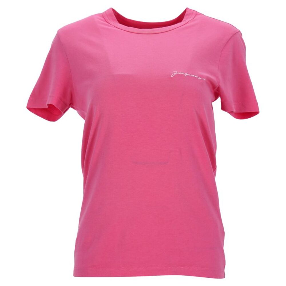 Jacquemus Logo-Embroidered Crewneck T-Shirt in Pink Cotton